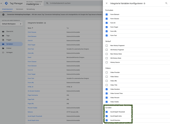 Scroll Tiefe Googel Tag Manager Variablen